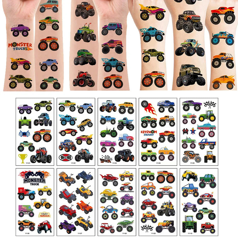 Monster Truck Temporary Tattoo for Boys Racing Car Checkered Flag Wheel Fake Tattoo Stickers Monster Truck Birthday Party Favors