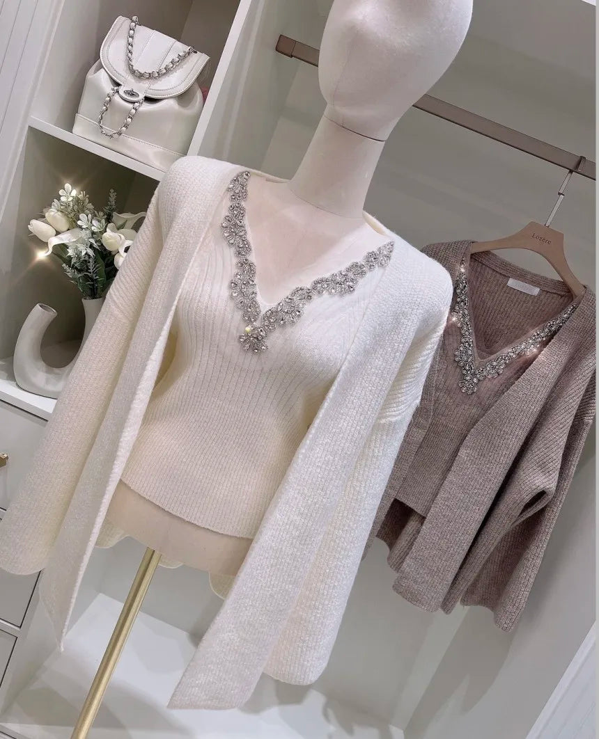 Korean Sle Sexy Sequin Strap Vest Women's Inner Knitted Cardigan Coat Autumn Two-Piece Set Faionable Top And Bot Ensemble