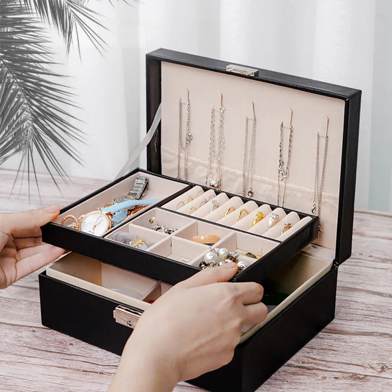 VANSIHO Großvolumige, umweltfreundliche PU-Leder-Schmuckschatulle mit doppelter Schicht und tragbare Aufbewahrungsbox für Make-up-Accessoires für Damen