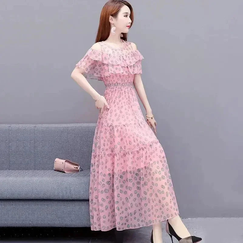 Mesh Chiffon Floral Print Dress Women 2024 New Summer Bohemian Beach Dress Long Off Shoulder Sexy Lady Party Dresses Vestidos