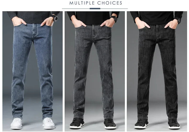2025 New Autumn Men's Stretch Slim Jeans Straight Leg Casual Denim Trousers Male Business High Quality Classic Blue Gray Black