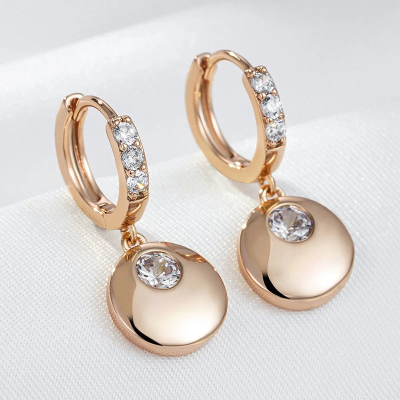Kinel Fashion Simple Glossy Round Coin Dangle Earrings Women 585 Rose Gold Color With Natural Zircon Party Daily Fine Jewelry