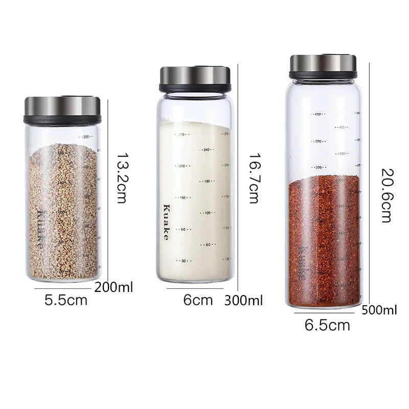Bote de especias de vidrio de borosilicato alto para pimienta, sal, sésamo, condimento sólido, botella sellada con tapa giratoria