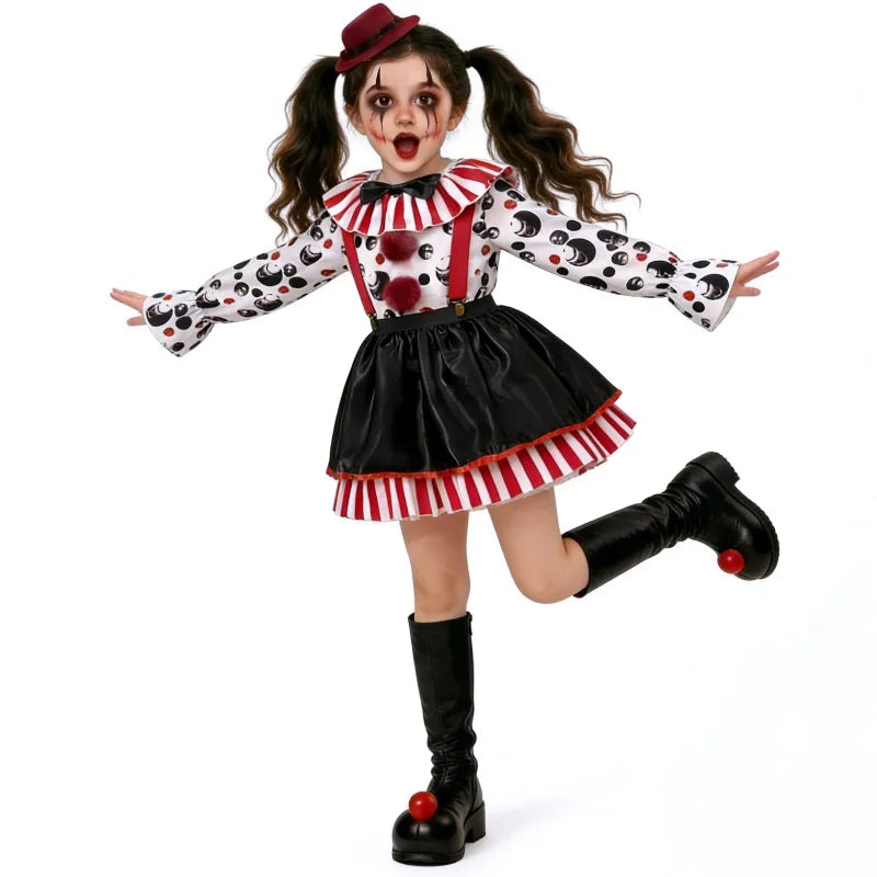 Halloween Costume Spotted Clown Adults Kid Suspenders Skirt Outfit Cosplay Stage Performance Role Play Circus Party Jester Dress
