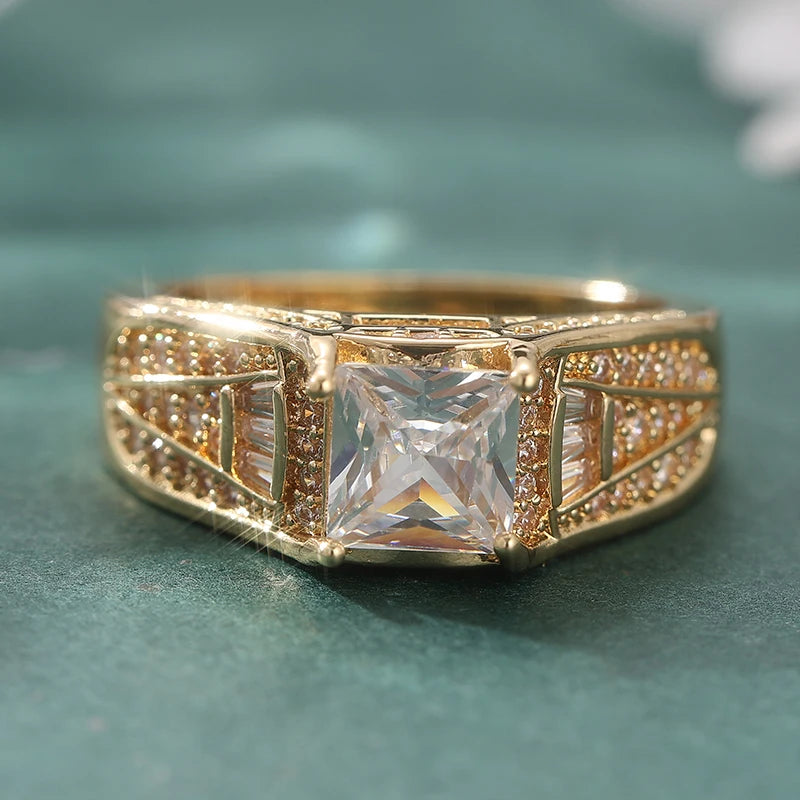 Anillo de Dedo Chapado en Oro con Diseño Clásico de Moda para Mujer Lujo Brillante Zirconia Sintética Compromiso Ceremonia Joyería Artesanal