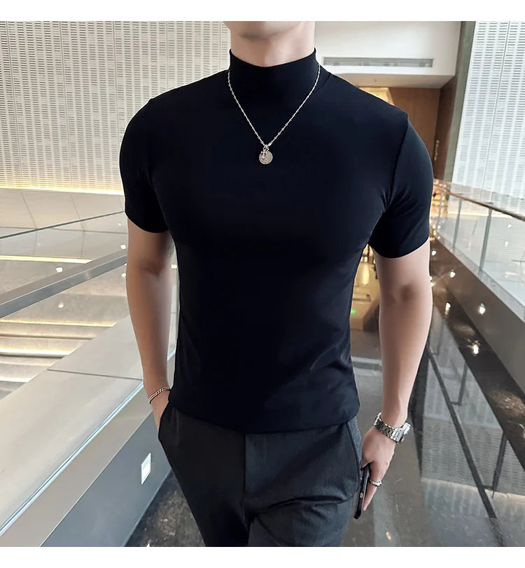 Spring Summer Men's Half High Neck Short Sleeve T-shirt Korean Slim Fit Solid Color Bottom Shirt Casual Cotton Elastic T-shirts