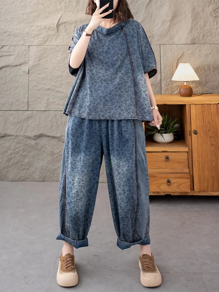 AmaxluluE 2025 Summer Women Denim Suits Loose Printed Two Pieces Sets Floral Outfit O Neck Tops Tees Vintage Jeans Fashion Pants