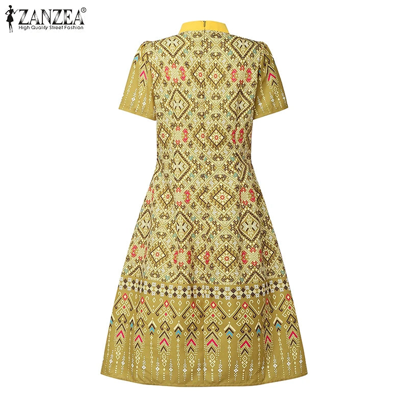 ZANZEA Vintage Geometric Print A-Line Dress Women Fake Two-Piece Stand Collar Short Sleeve Knee-Length Robes Holiday Vestidos