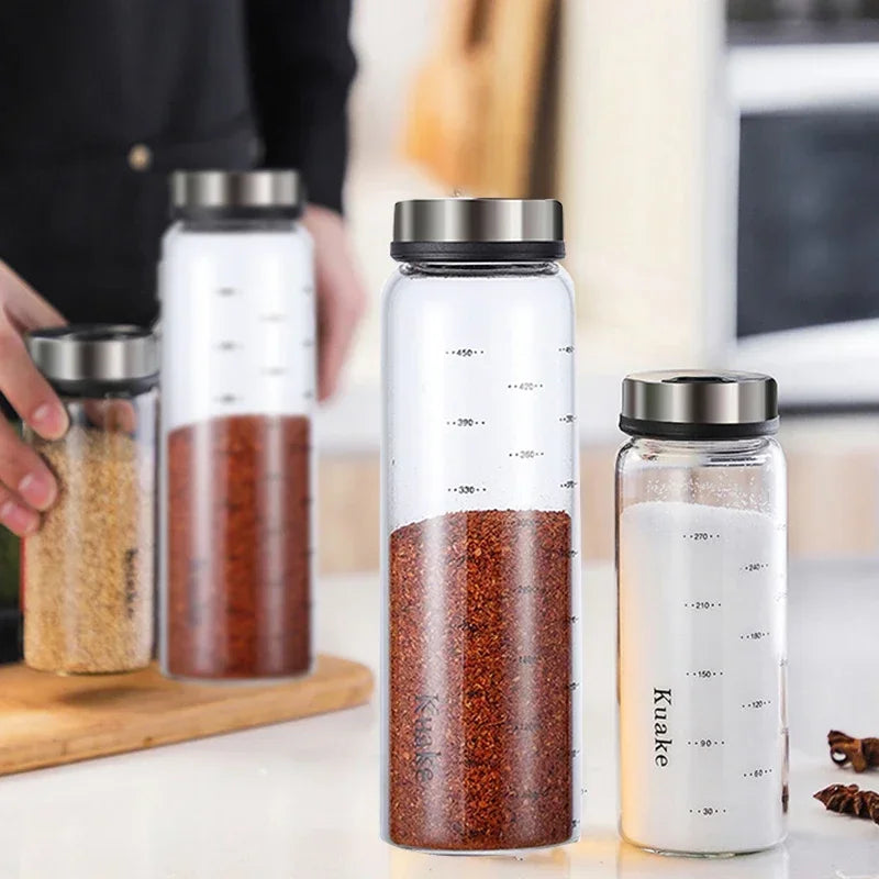 Bote de especias de vidrio de borosilicato alto para pimienta, sal, sésamo, condimento sólido, botella sellada con tapa giratoria