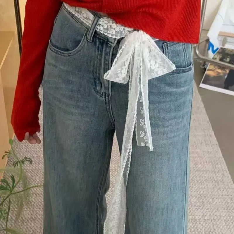 Women's Lace Belt Long Waistband in Black and White Waist Band for Woman Fashion Tie Up Lace Belt for Dress Jeans Decoration
