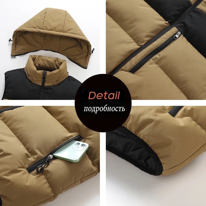 Autumn Winter Men Hooded Thicken Casual Sleeveless Vests Jackets Coat Mens Detachable Hat Waistcoat Vest Man Cotton Outwear Vest
