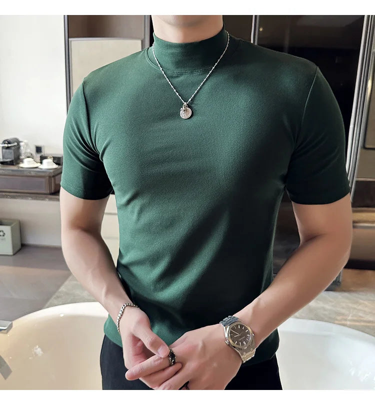 Spring Summer Men's Half High Neck Short Sleeve T-shirt Korean Slim Fit Solid Color Bottom Shirt Casual Cotton Elastic T-shirts
