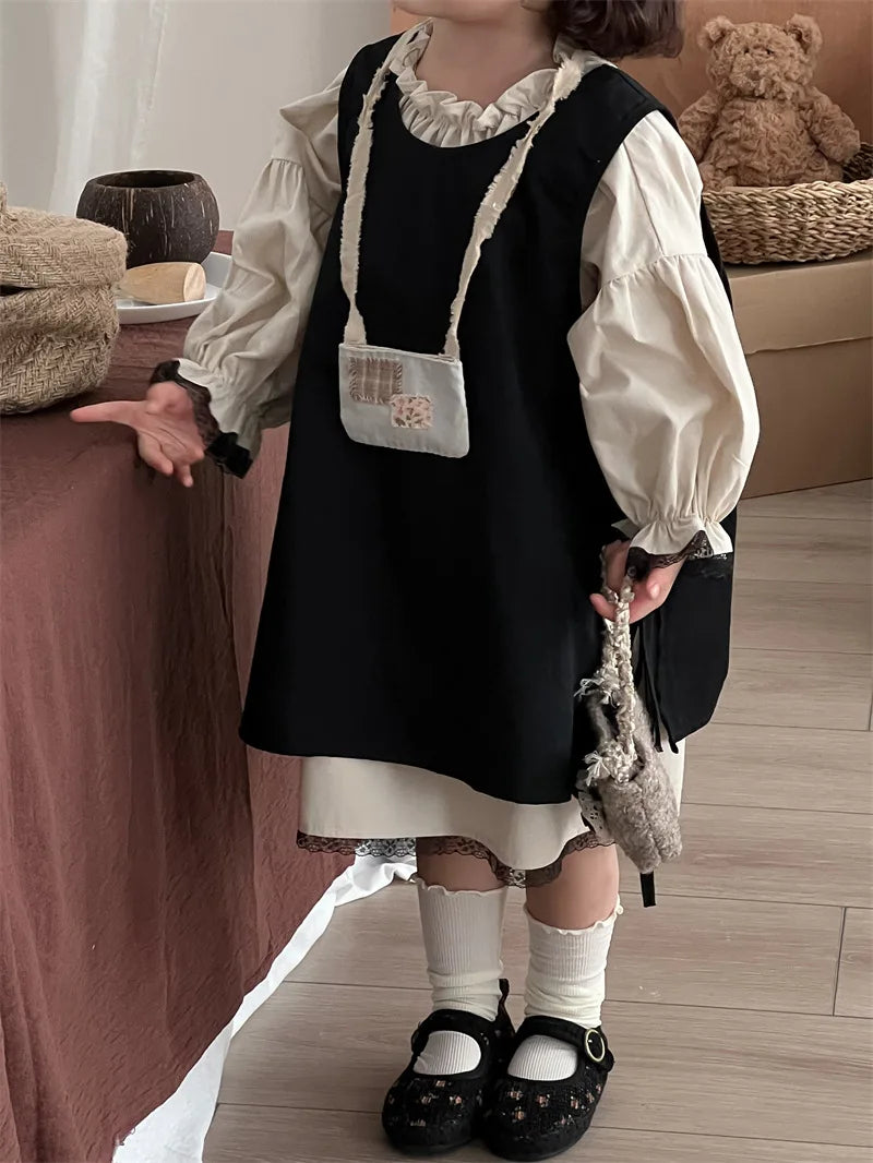 4768 Children Dress Set Spring Autumn New Retro Girl's Dress Lace Skirt 2-piece Set