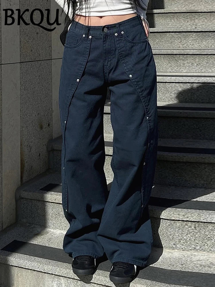 BKQU Fashion Straight Wide Leg Pants Women Baggy Jeans 2024 New American High Waist Irregular Rivets Design Wash Denim Trousers