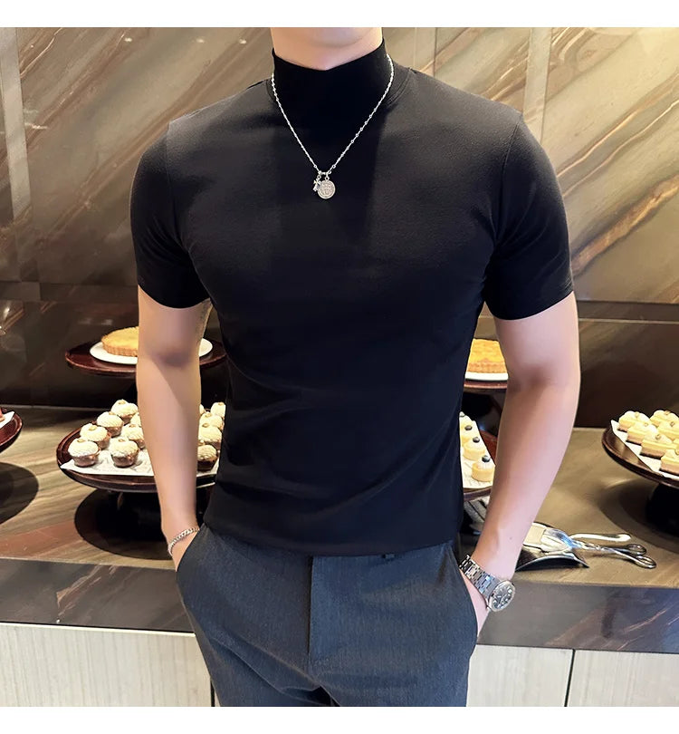 Spring Summer Men's Half High Neck Short Sleeve T-shirt Korean Slim Fit Solid Color Bottom Shirt Casual Cotton Elastic T-shirts