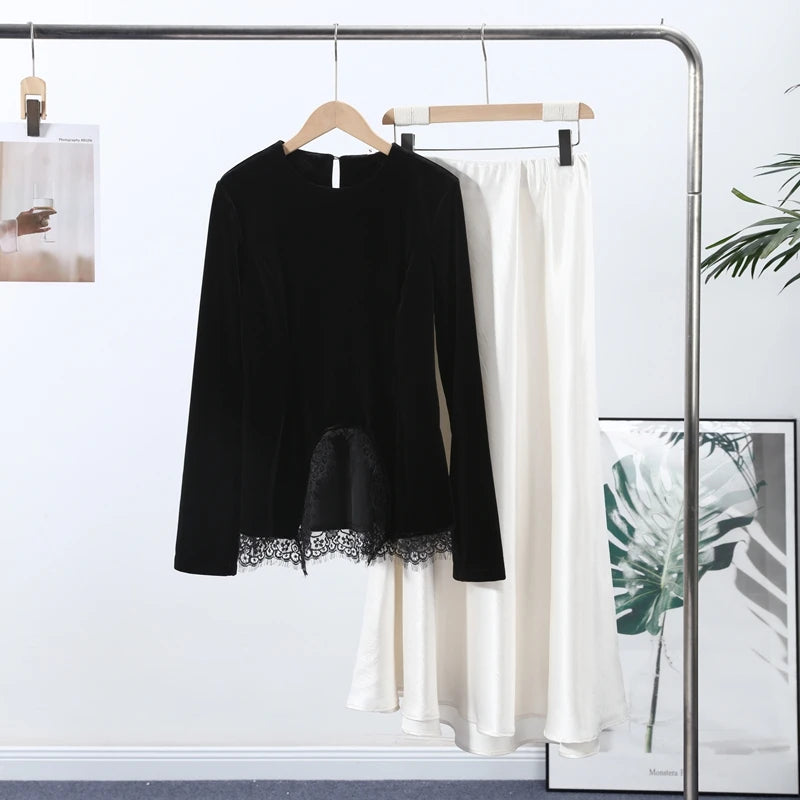 Elegant Lace Velvet Patchwork Women Top Flare Long Sleeve O-neck Split Female Blouse 2026 Spring Summer Lady Clothes New