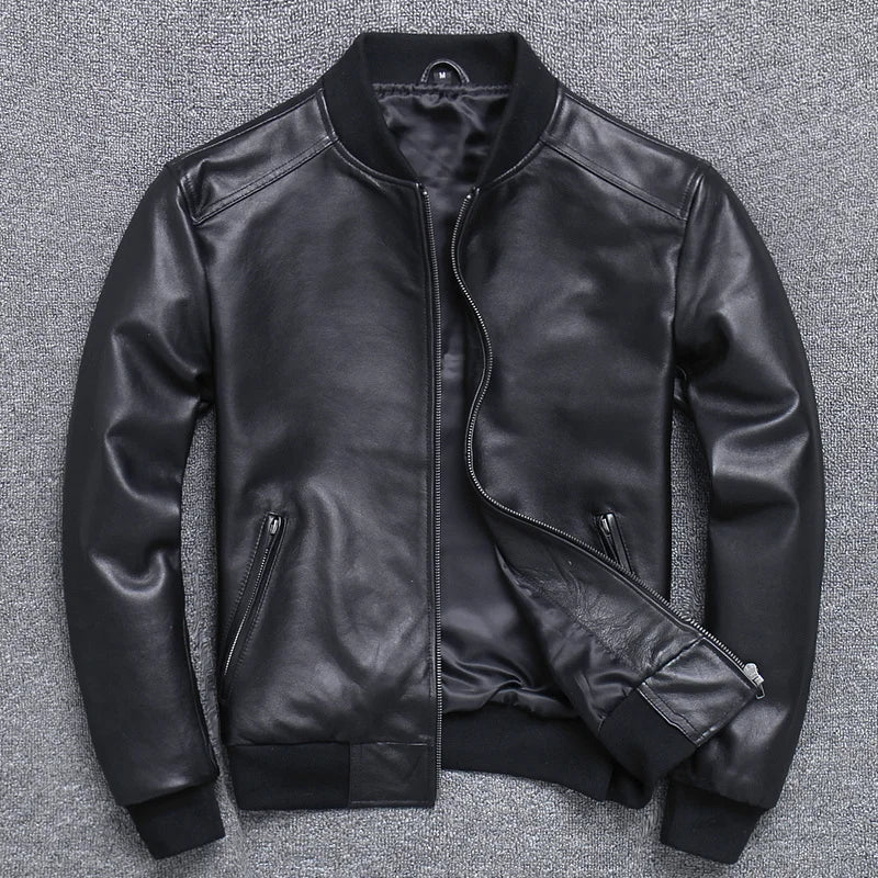 Leder Bomberjacke Herren Fliegerjacke Schwarzes echtes Leder Schaffell Kurz Slim Business Jacke Leder