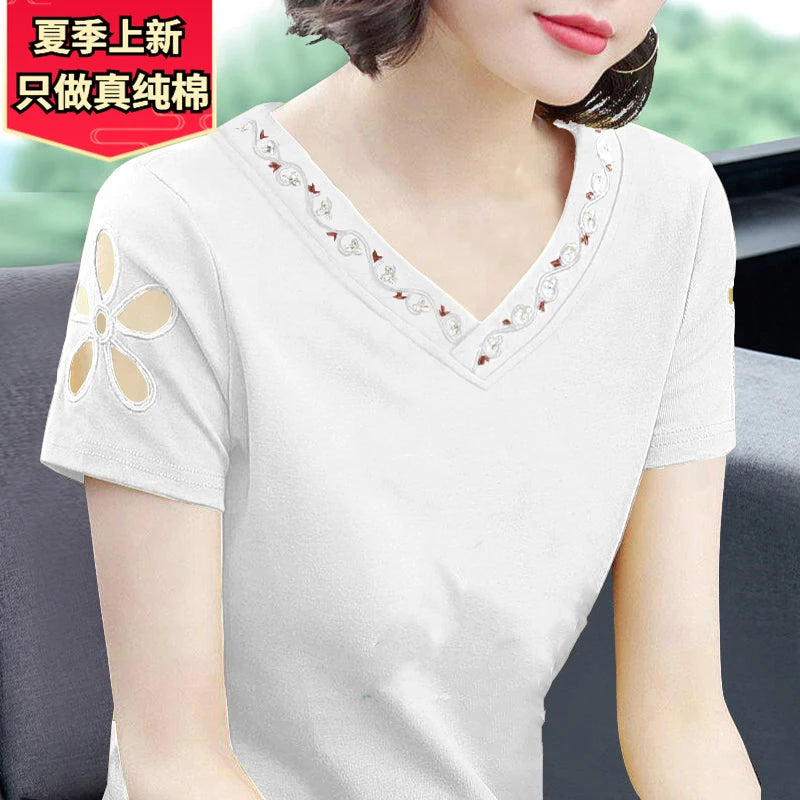 Simplicity Office Lady Summer New Pure Cotton Women's Solid V-Neck Embroidered Fashion Casual Loose Short Sleeve T-Shirts Tops