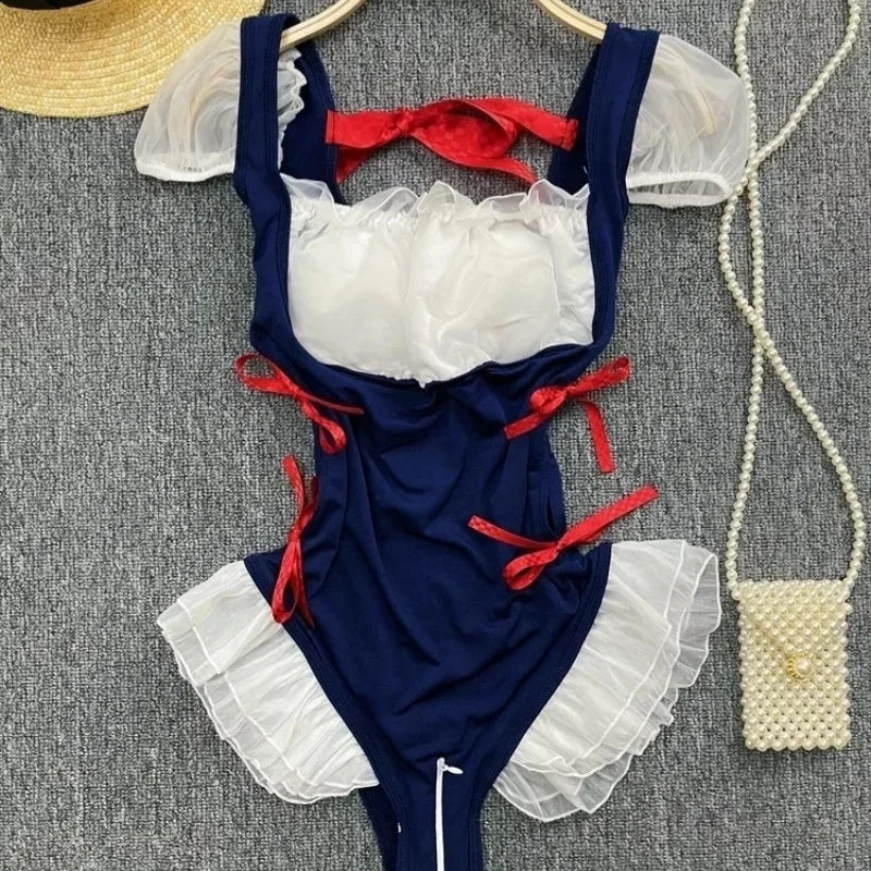 Sexy Cute Sweet Lace Backless Jumpsuit Women Slim Fit Bodysuit Girl Strap Bow knot Cosplay Hot Sweet Bow Ribbon Lingerie Dress