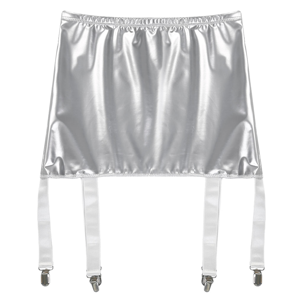 Sexy Damen Wetlook PVC Leder Rüschenröcke Party Low Waist Eingebaute Strings Minirock mit Strumpfhalter Metallclips Set Club