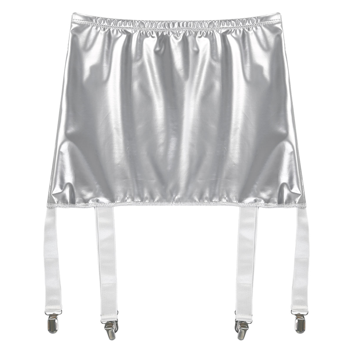 Sexy Damen Wetlook PVC Leder Rüschenröcke Party Low Waist Eingebaute Strings Minirock mit Strumpfhalter Metallclips Set Club