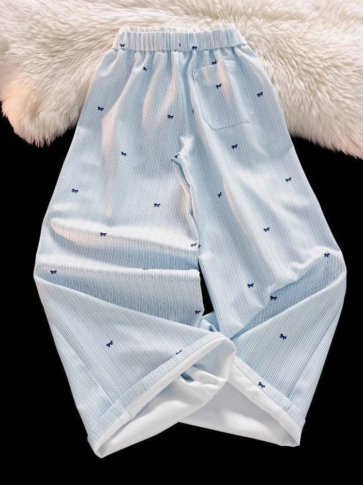 Zoki Sweet Bow Striped Pants Women High Waist Korean Casual Wide Leg Trousers Elegant Fashion Loose Cute Female Spring Pants New