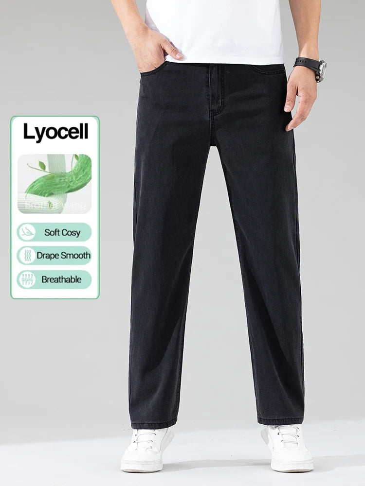 Lyocell Men's Black Jeans Summer Thin Loose Straight Soft Ice Silk Casual business Denim Pants male Elastic Wide Trousers