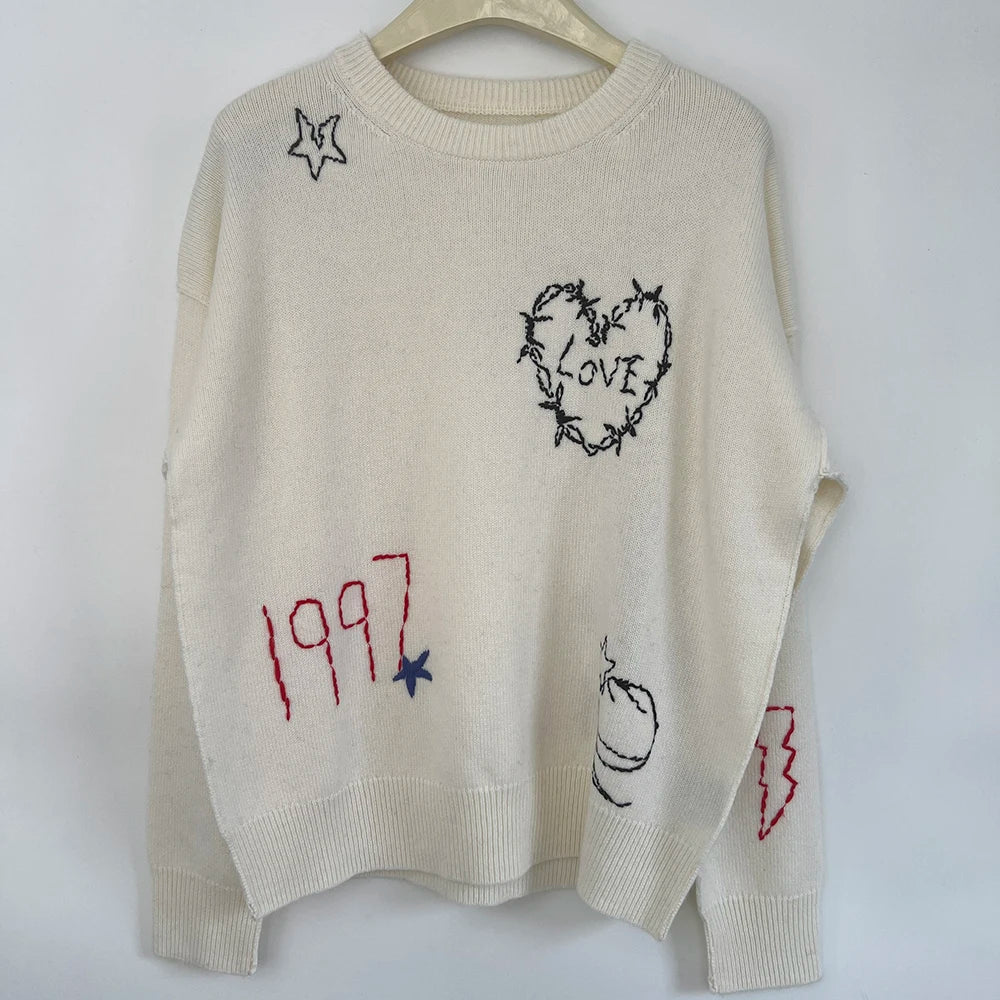Rowan M538 Letter Jacquard Knit Pullover Winter O-Neck Long Sleeve Buttons Female Sweater Classic Casual Lady Top 2026