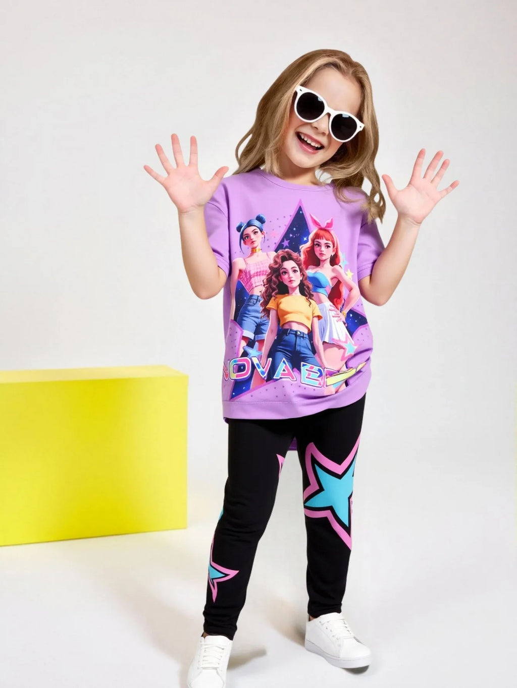 Conjunto de dos piezas de moda para niñas primavera/verano, camiseta de cuello redondo con estampado 3D de K-Pop dibujos animados anime, conjunto de pantalones ajustados
