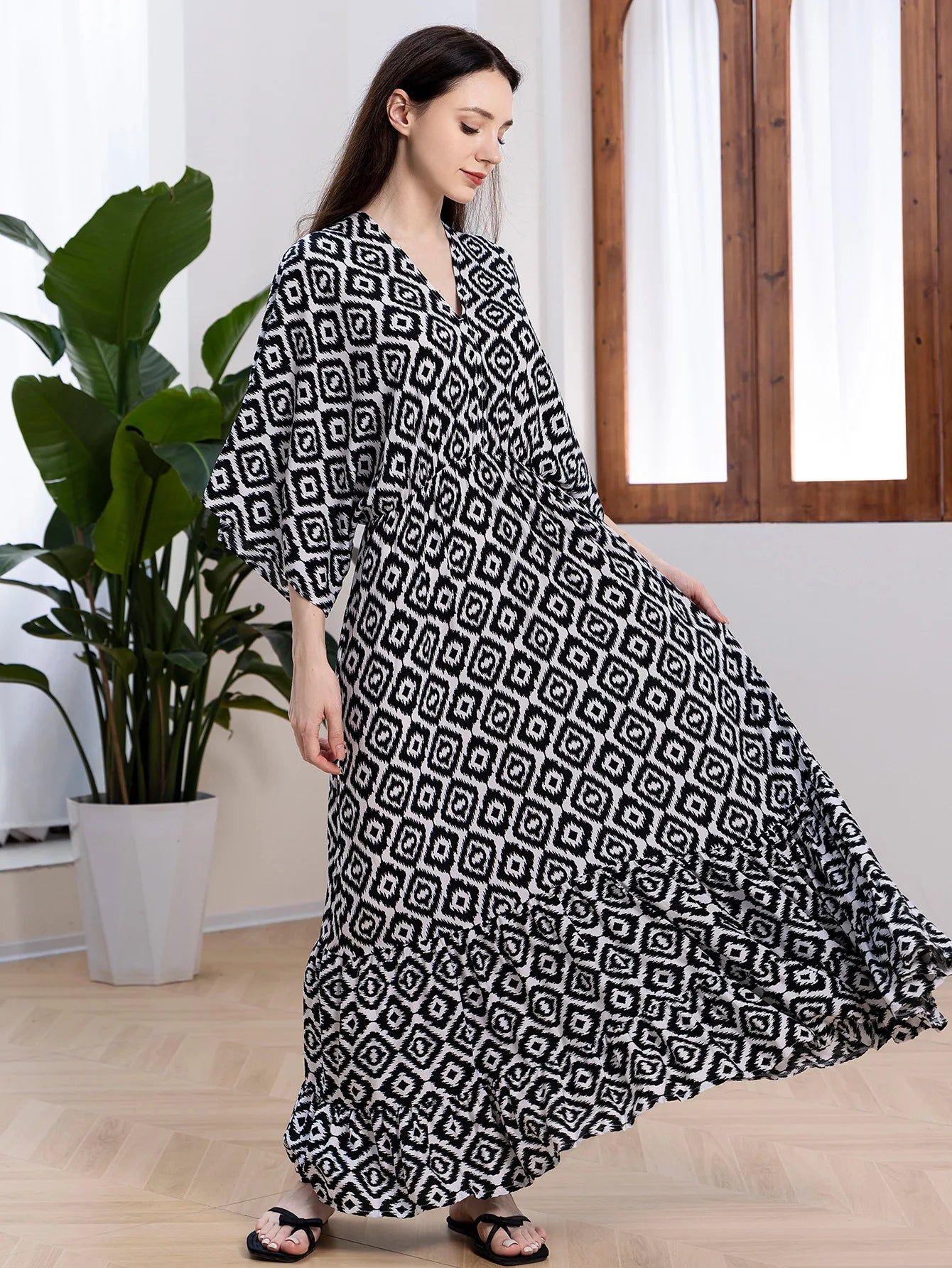 Bohemian Oversize Loose Elastic Waist Maxi Dresses Women Robe Cotton Rayon Floral Printed Long Dress Summer Boho Beach Cover up