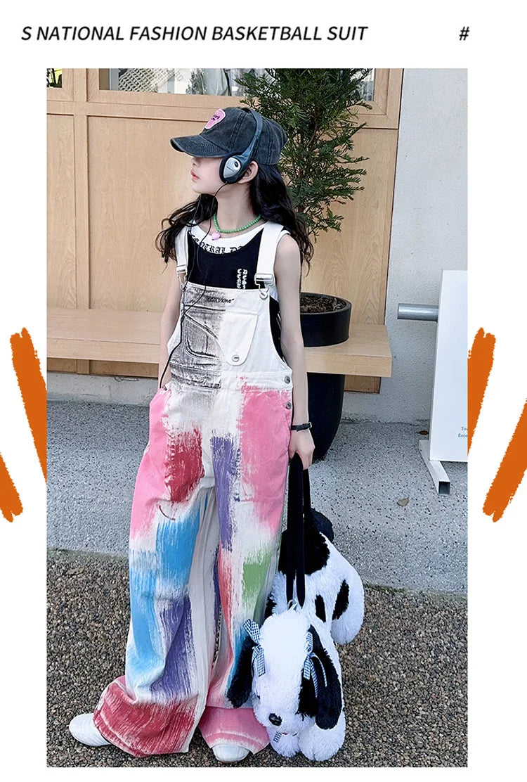 Child Stylish Denim Jumpsuit Dungarees with Drawings for Girl High Fashion Streetwear Suspender Overall Kids Colored Strap Jeans