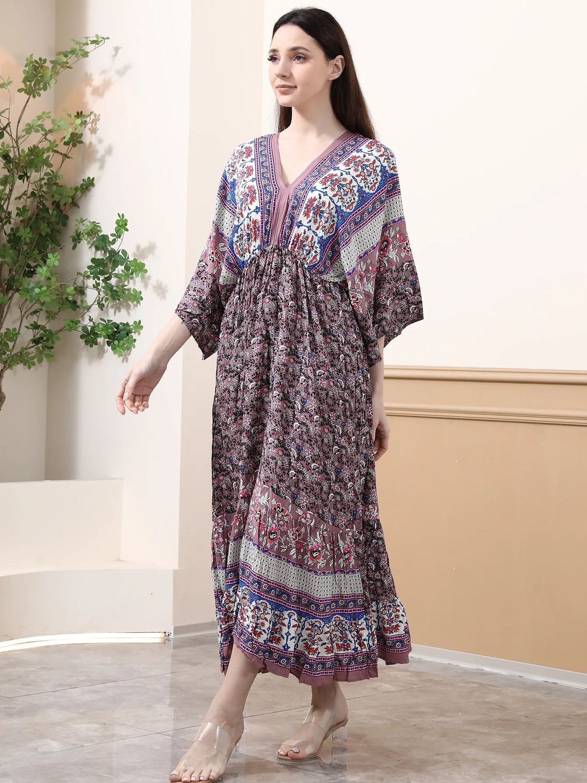Bohemian Oversize Loose Elastic Waist Maxi Dresses Women Robe Cotton Rayon Floral Printed Long Dress Summer Boho Beach Cover up