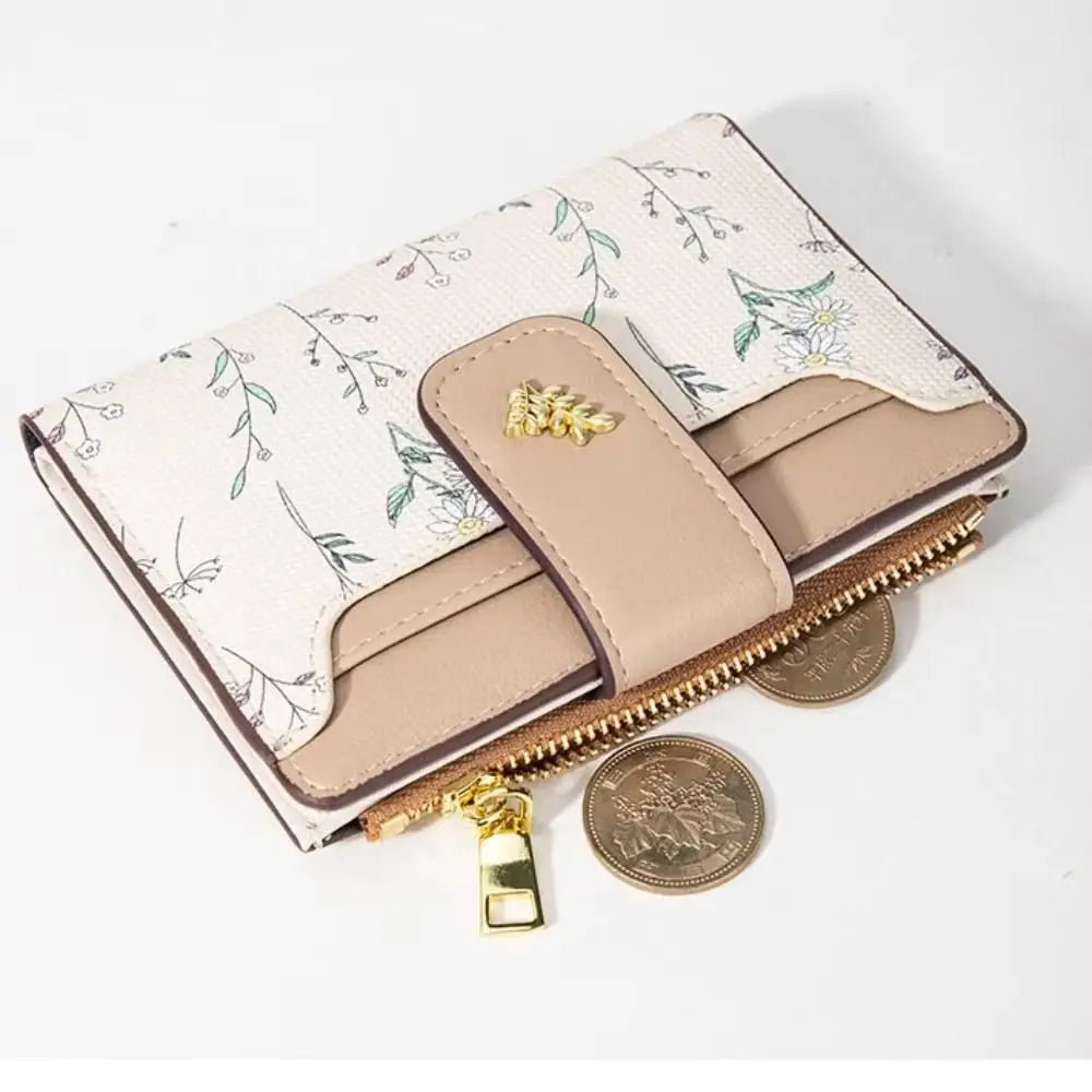 Fashion PU Leather Women Short Wallet Zipper Hasp Small Flowers Card Holder Slim Small Wallet Multi-Cards Coin Purse For Girl