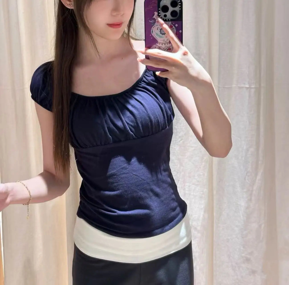 Cute Sle Brandy BM White Pleated ort Sve round Ne T-irt Women's Slim Fit Body ape Summer Trend Cotton Top