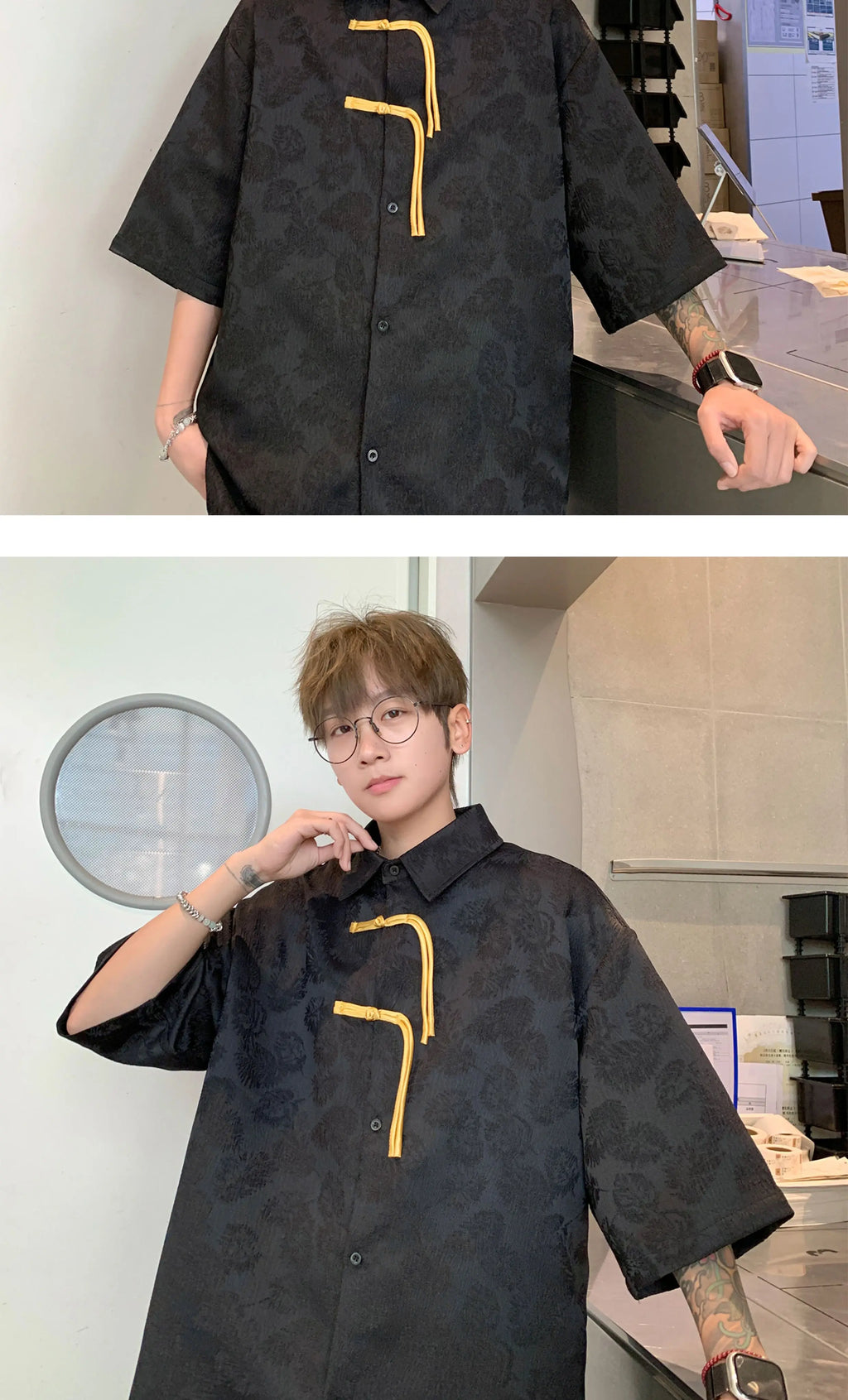 2024 Men Chinese Style Shirt Mens Tang Dress Hanfu Half-Sleeve Shirt Male Printing Kung Fu Outfit Loose Casual Tops
