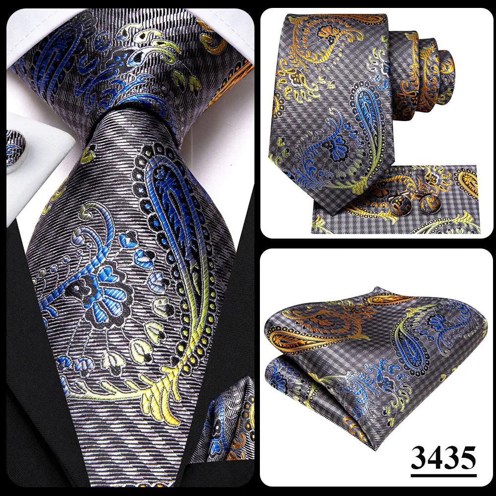Hi-Tie White Grey Paisley 2026 New Mens Tie Hanky Cufflink Set Necktie For Men Wedding Party Business Men Tie Fashion Brand