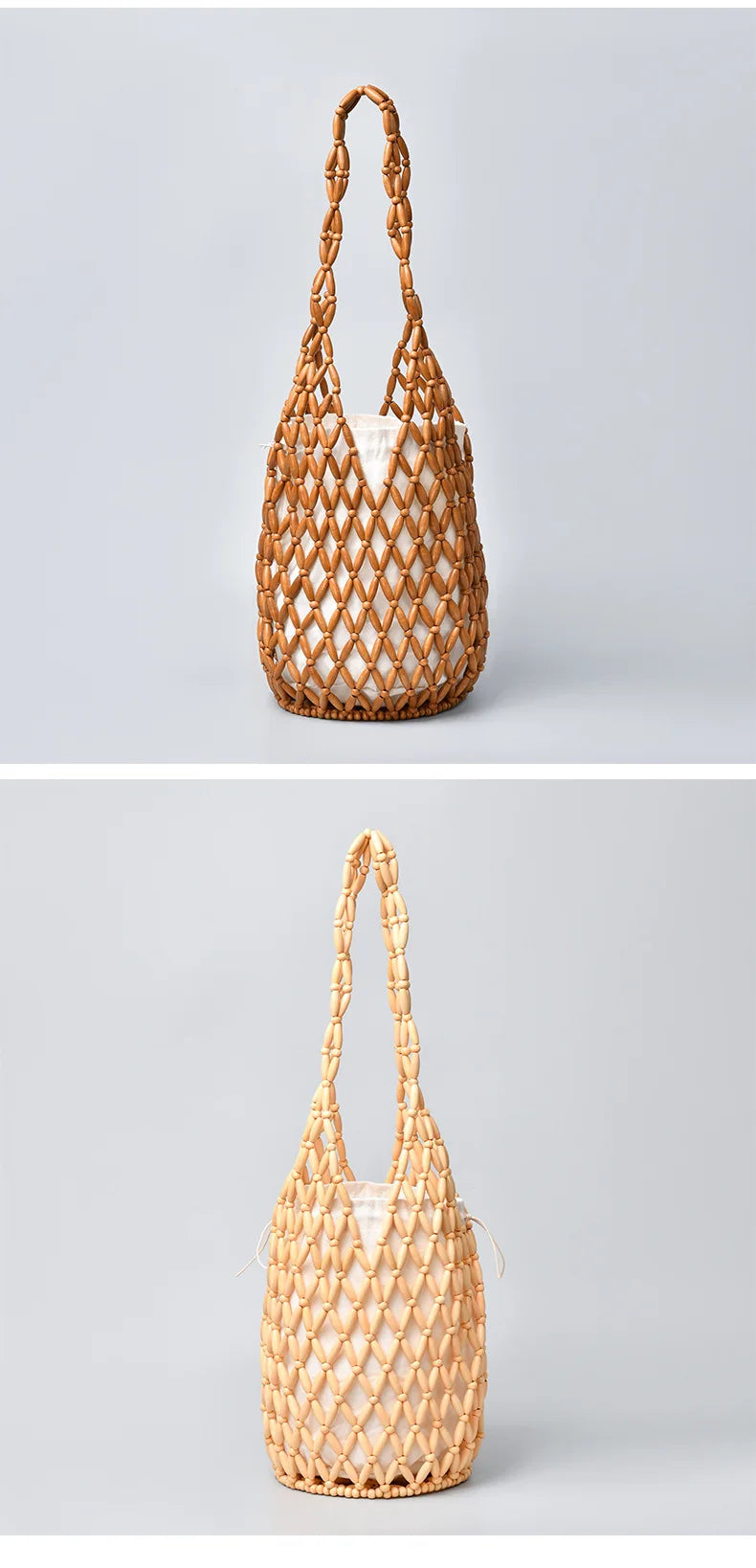 Summer Boho Style Hollow Out Woven Bag for Women Fashion Wooden Beads Shoulder Bag Seaside Holiday Mesh Bucket Tote Bags Bolsa