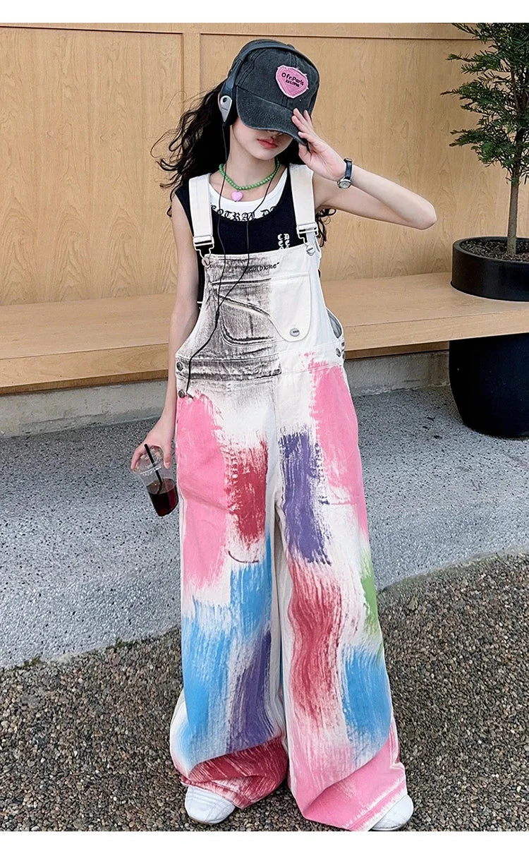 Child Stylish Denim Jumpsuit Dungarees with Drawings for Girl High Fashion Streetwear Suspender Overall Kids Colored Strap Jeans