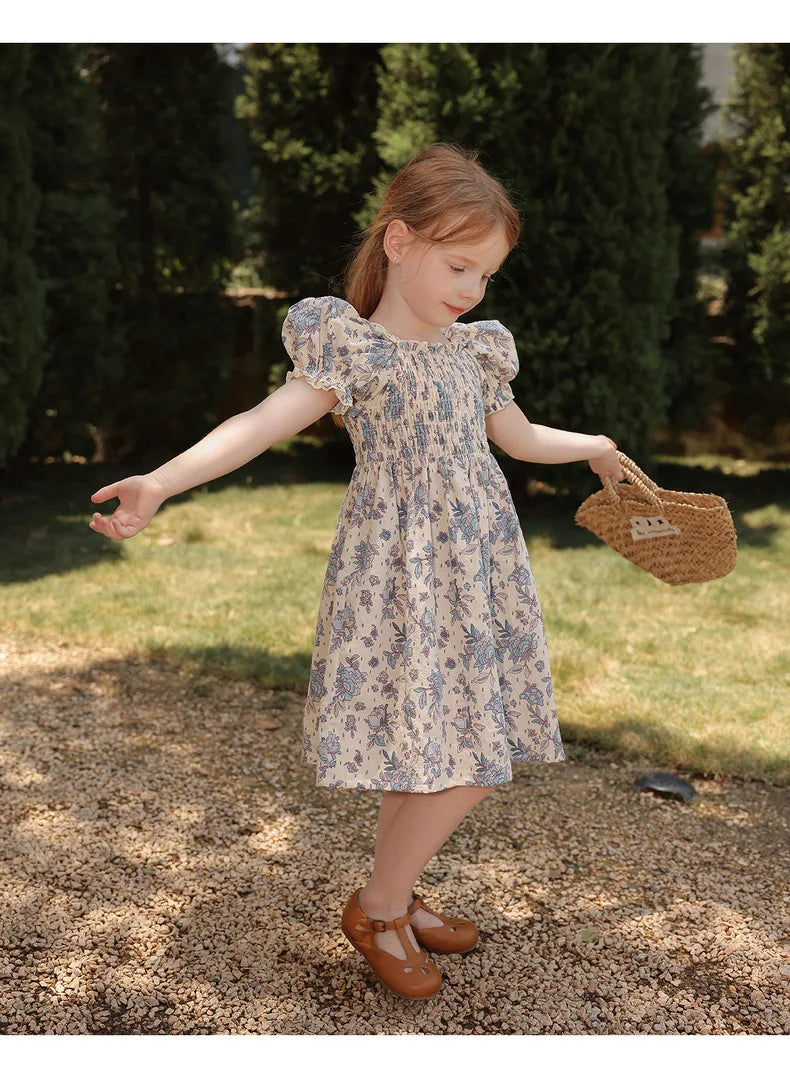 Toddler Girls Floral Princess Dress Little Girl Cotton Short Sleeve Blue Flowers Party Dress Summer Casual Dresses Kids Clothes