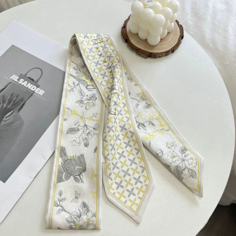 Summer Versatile Satin Silk Ribbon Scarf Fresh Floral Narrow Hair Tie Long Thin Fashion Accessory for Women Bag Strap