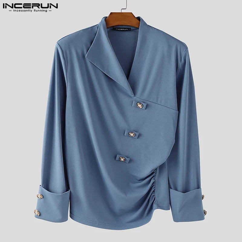 INCERUN Men Irregular Shirt V Neck Long Sleeve Solid Color Men Clothing Loose Pleated Streetwear 2025 Casual Irregular Shirts
