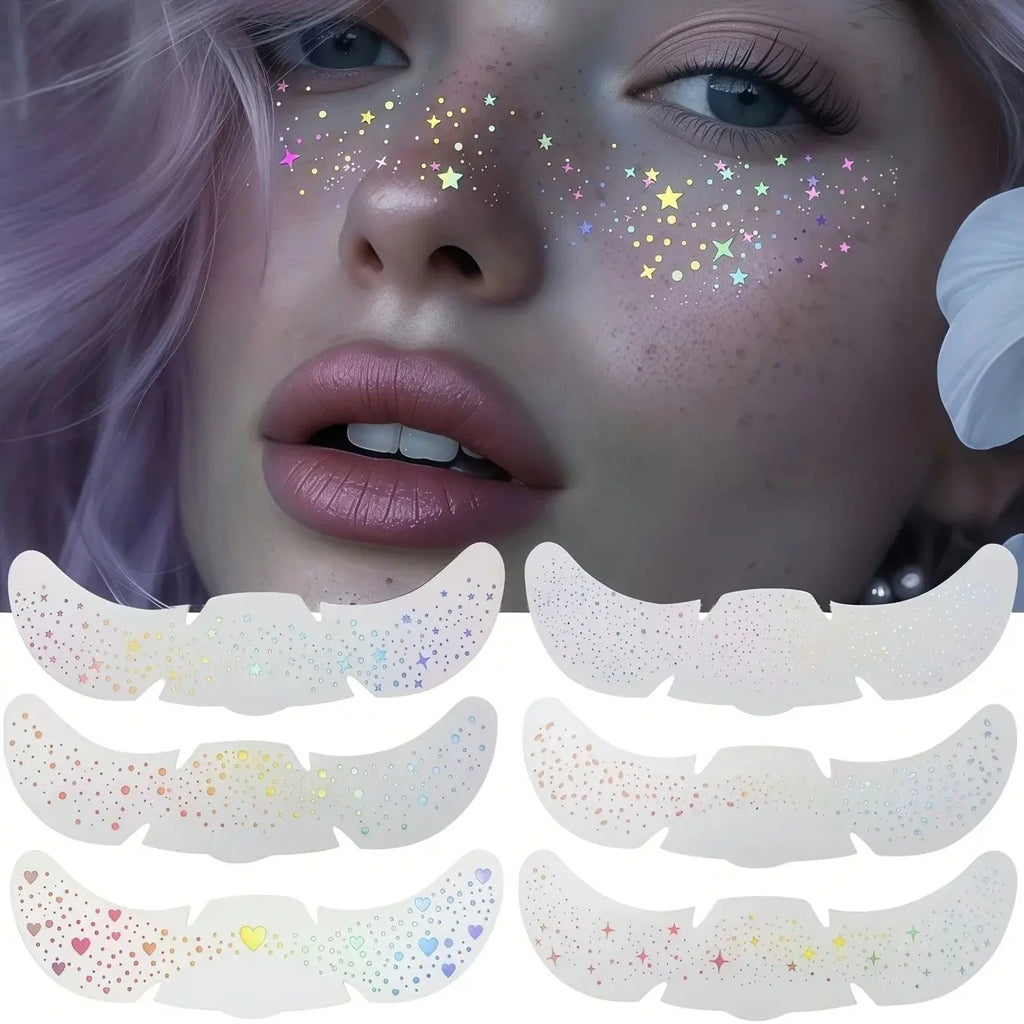 1pcs Metallic Glitter Star Tattoo Face Stickers, Glitter Freckles Holographic Stickers Heart Freckle Waterproof Face Decorations