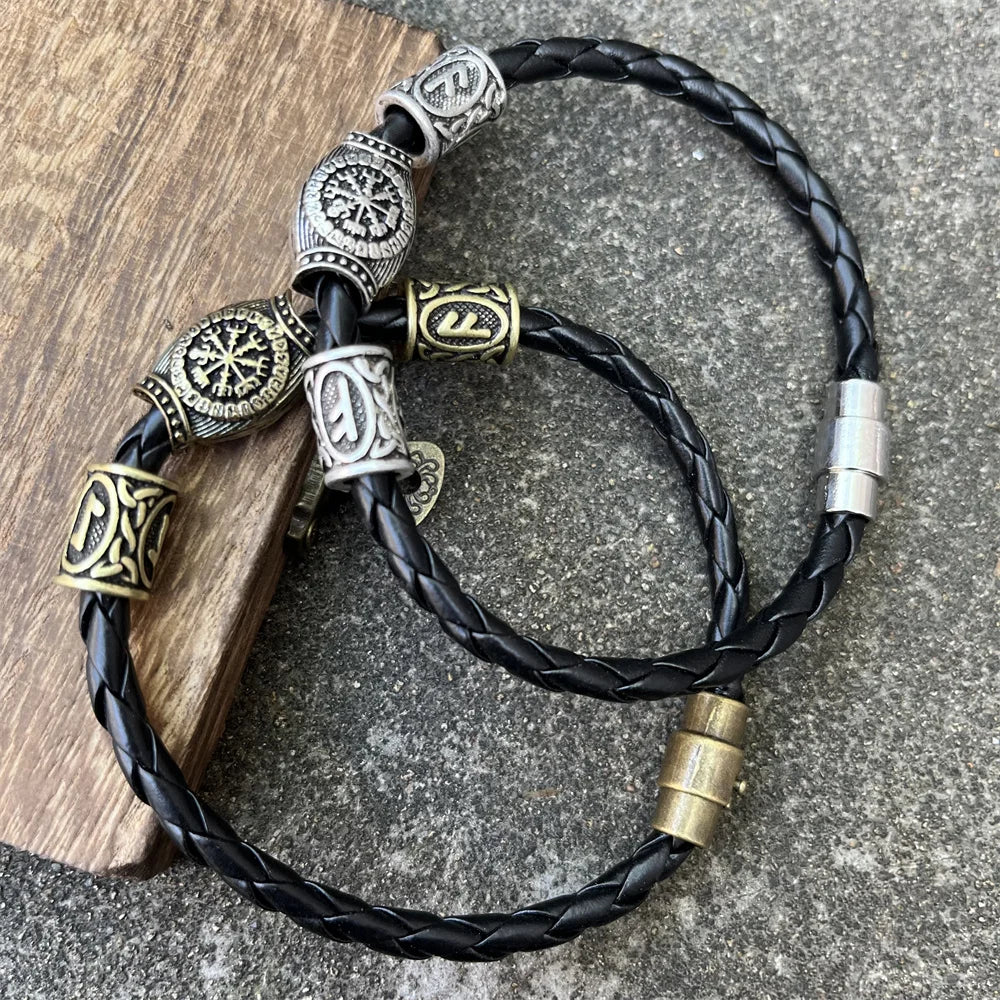 Norse Runes Beads Viking Leather Magnetic Bracelet For Men Women Accessories