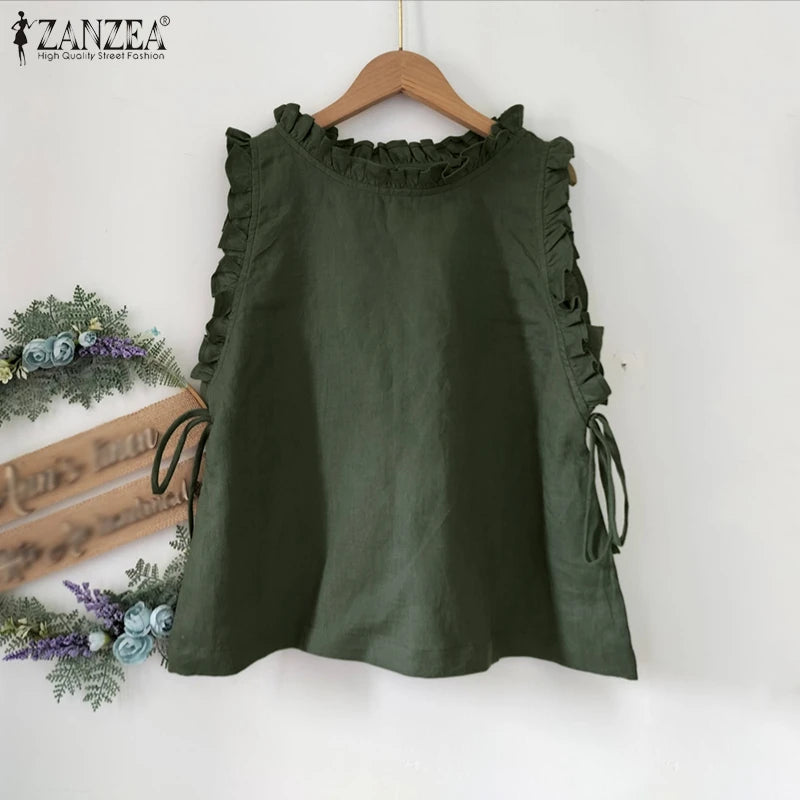 ZANZEA Women Tank Tops 2025 Summer Bandage Casual Loose Tees Sexy Sleeveless Solid Color Shirts Round Neck Ruffled Blusas Tops