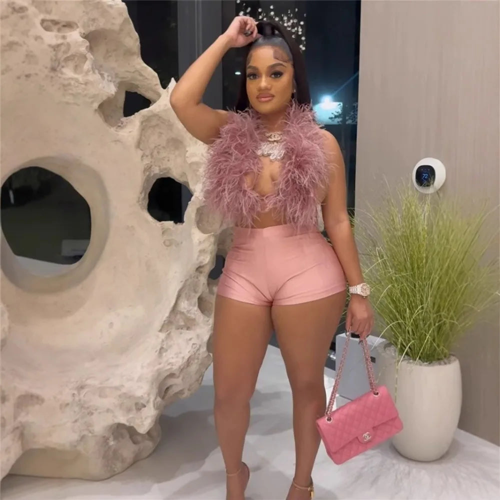 HLJ&GG Fashion Y2K Fur Hollow Out Streetwear Women Sleeveless Slim Crop Top And Shorts Outfits Female Trend 2pcs Outfits 2025