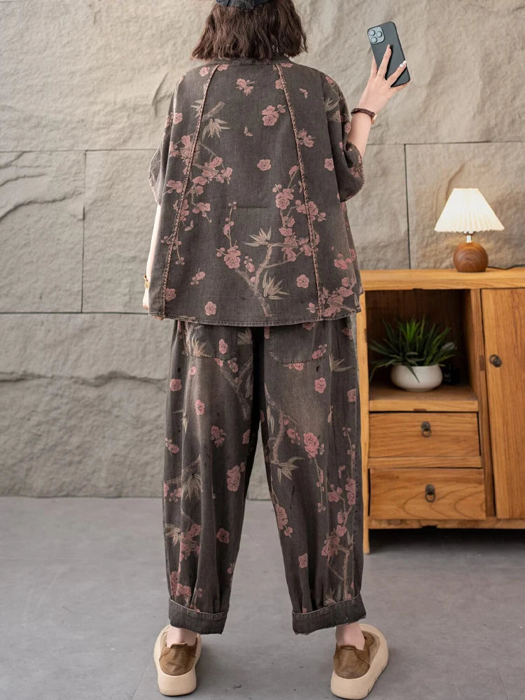 AmaxluluE 2025 Summer Women Denim Suits Loose Printed Two Pieces Sets Floral Outfit O Neck Tops Tees Vintage Jeans Fashion Pants