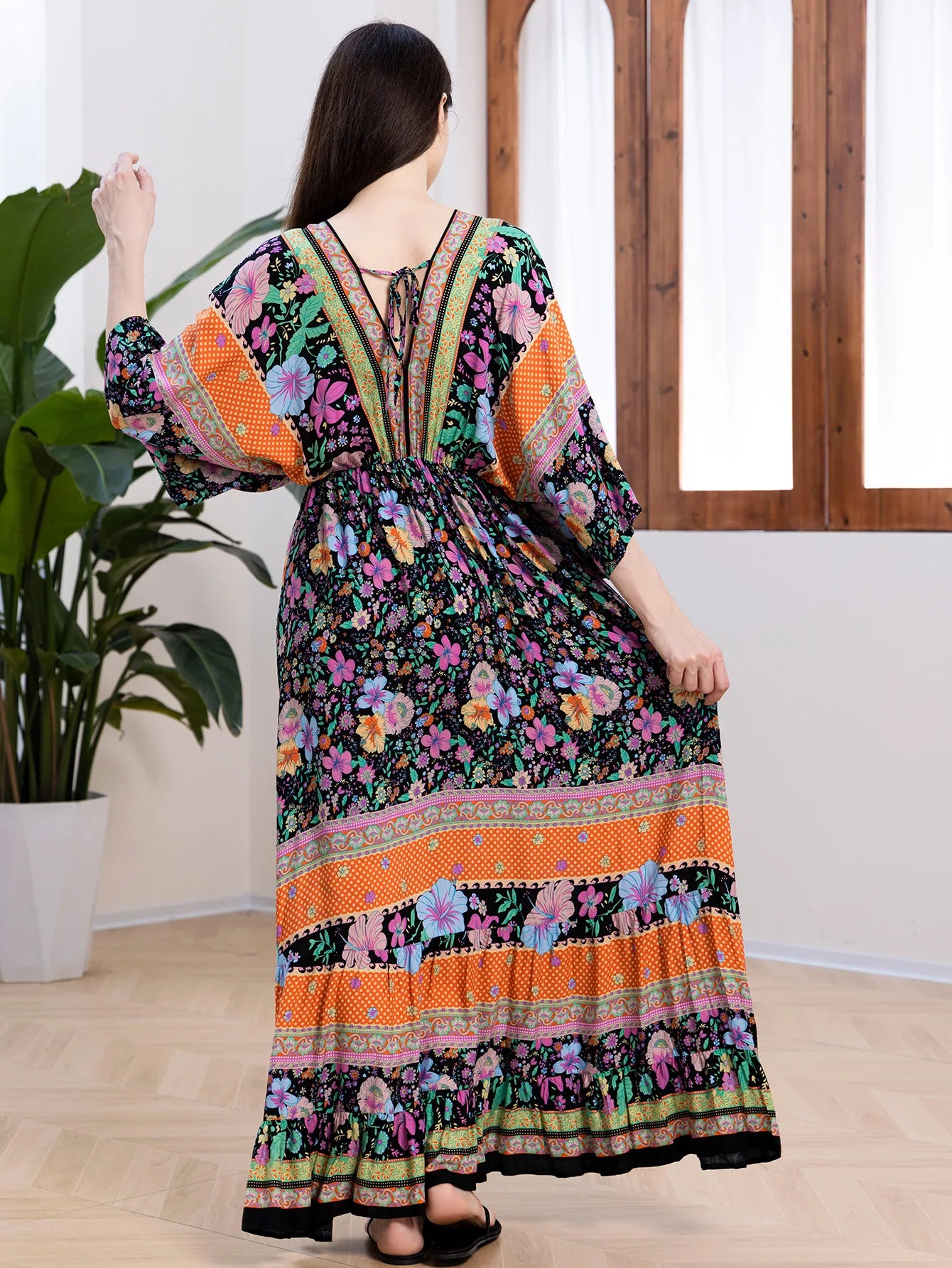 Bohemian Oversize Loose Elastic Waist Maxi Dresses Women Robe Cotton Rayon Floral Printed Long Dress Summer Boho Beach Cover up