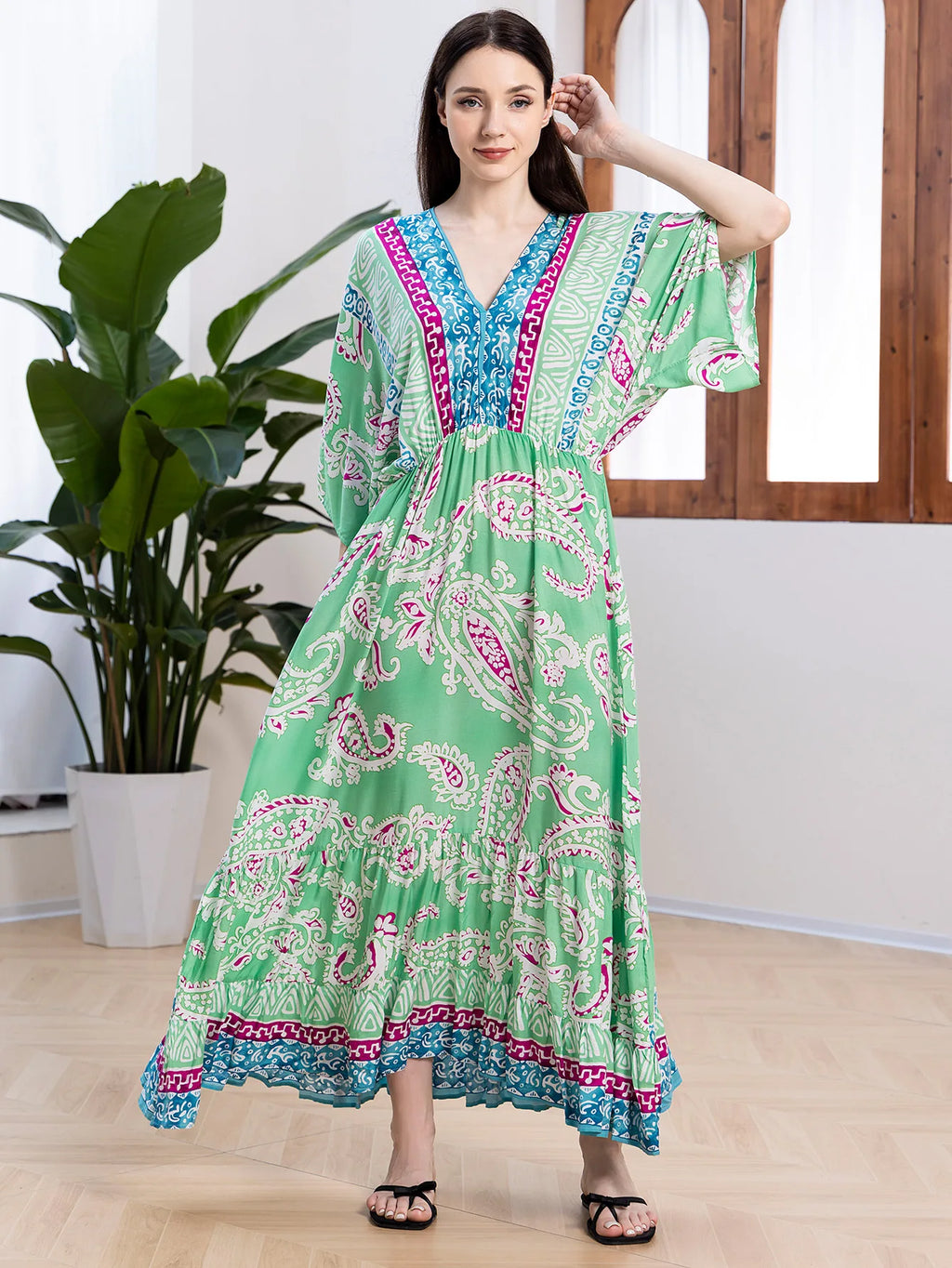 Bohemian Oversize Loose Elastic Waist Maxi Dresses Women Robe Cotton Rayon Floral Printed Long Dress Summer Boho Beach Cover up