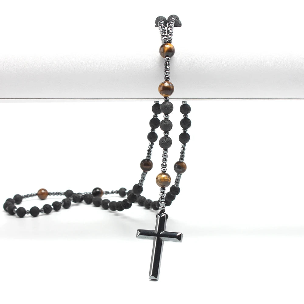Natural Lava Stone Tiger-eye Beads Long Necklace with Hematite Cross Pendant for Men Rosary Jewelry