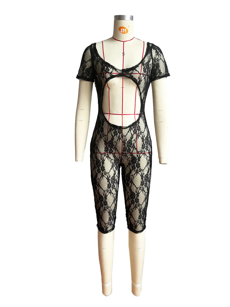 Großhandel Kleidung Lässiger Jumpsuit Damen 2024 Einteiler Strampler Damen Sommer Schwarz Bodycon Spitze Durchsichtiger Strampler Playsuits